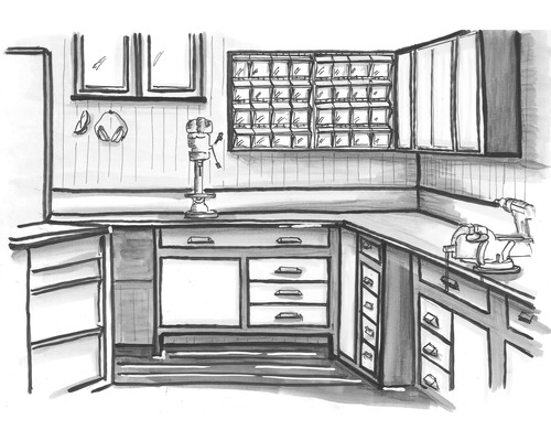 Illustration d''un atelier avec établi, perceuse et outils