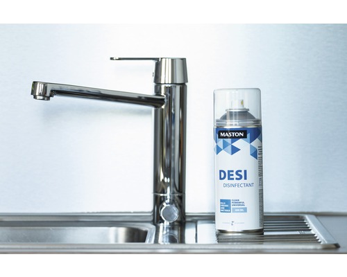 Spray désinfectant Maston Desi à côté d''un évier