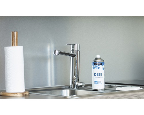 Scène de cuisine avec évier, robinet, porte-rouleau d''essuie-tout et spray désinfectant Maston