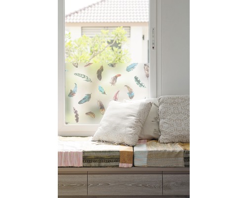 Fenêtre avec film pour fenêtre et motif de plumes, banc avec coussins.