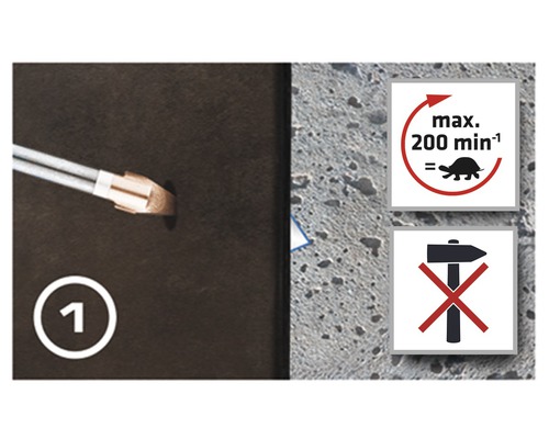 Glasbohrer im Einsatz, Symbol mit maximal 200 Umdrehungen pro Minute, Symbol Hammerverbot