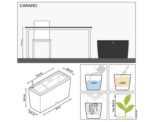 Produktzeichnung des Cararo Pflanzgefäßes mit Maßangaben und Füllmengen.