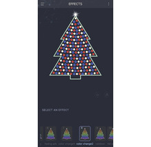 Capture d''écran d''une application permettant de contrôler une guirlande lumineuse en forme de sapin de Noël avec différents réglages de couleurs