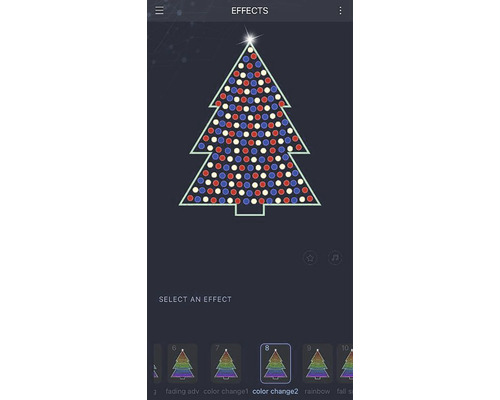 Capture d''écran d''une application permettant de contrôler une guirlande lumineuse en forme de sapin de Noël avec différents réglages de couleurs