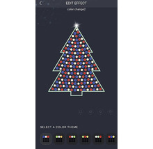 Vue d''une application permettant de modifier un effet de lumière avec un sapin de Noël stylisé composé de lumières rouges, blanches et bleues
