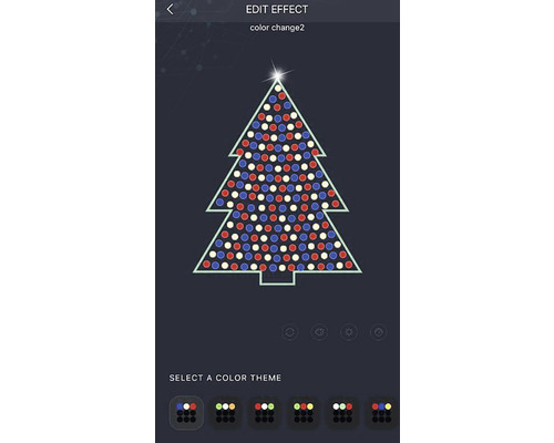 Vue d''une application permettant de modifier un effet de lumière avec un sapin de Noël stylisé composé de lumières rouges, blanches et bleues
