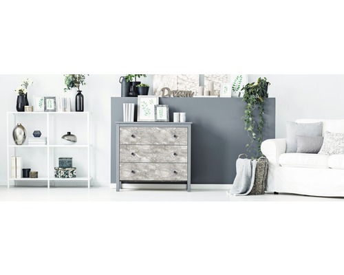 Intérieur de salon avec commode, étagère et canapé pour une ambiance lumineuse et organisée.