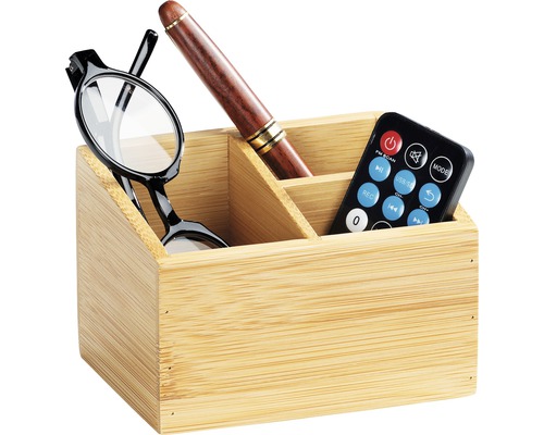 Organisateur de bureau en bambou avec lunettes, stylo et télécommande