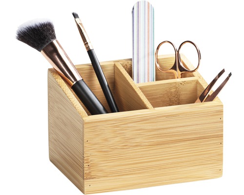 Organisateur en bambou avec pinceaux de maquillage, lime à ongles, ciseaux et pince à épiler