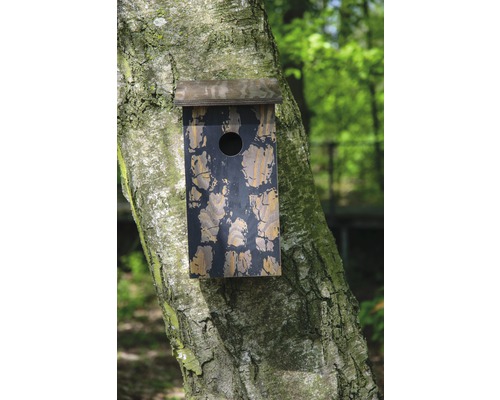 Nichoir en bois avec un trou sur un tronc d''arbre