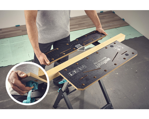 Établi Wolfcraft Master 750 avec pièce à travailler en bois