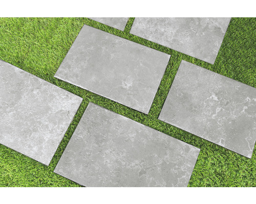 Dalles de jardin rectangulaires en pierre sur gazon
