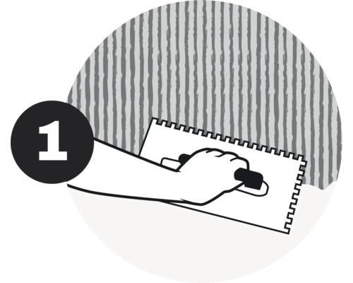 Illustration d''une main avec une spatule crantée devant un mur, étape 1