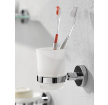 Wand-Zahnputzbecherhalter aus Glas und Metall mit zwei Zahnbürsten