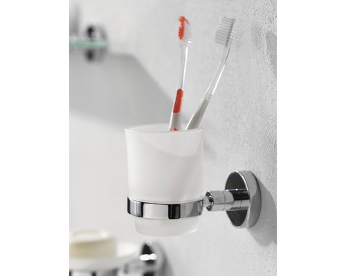 Wand-Zahnputzbecherhalter aus Glas und Metall mit zwei Zahnbürsten