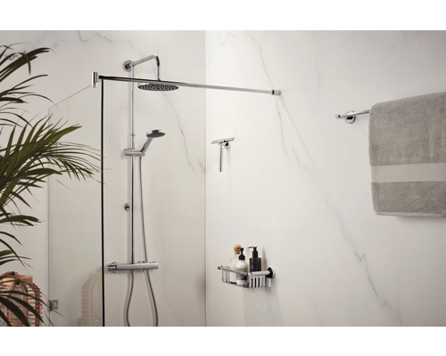 Cabine de douche avec système de douche, raclette de douche, serviette et étagère de rangement dans la salle de bain