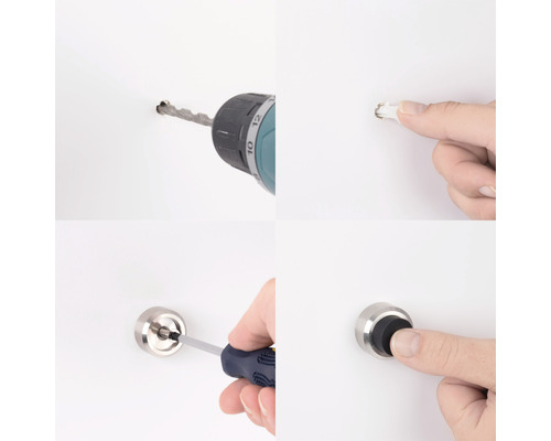 Bilder zeigen die Montage eines Türpuffers an einer Wand mit Bohrmaschine und Schraubenzieher.