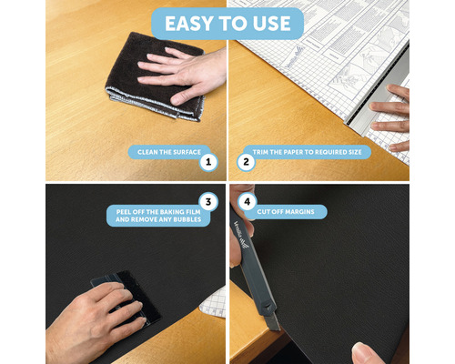 Anleitung zur Anwendung einer selbstklebenden Folie: Reinigen der Oberfläche, Zuschneiden der Folie, Entfernen der Trägerfolie und Abschneiden der Ränder.