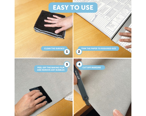Anleitung zur einfachen Anwendung der selbstklebenden Folie mit vier Schritten: Reinigen, Zuschneiden, Aufkleben, Abschneiden der Ränder.