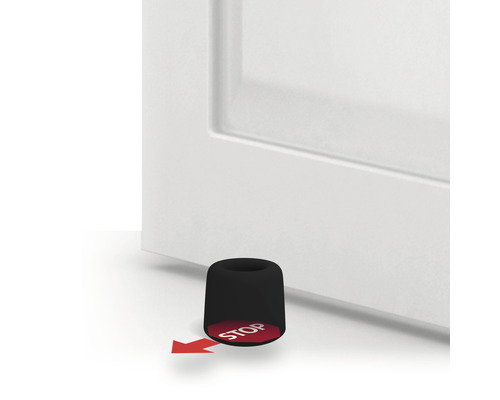 Türstopper vor einer Tür mit rotem Pfeil und dem Wort Stop