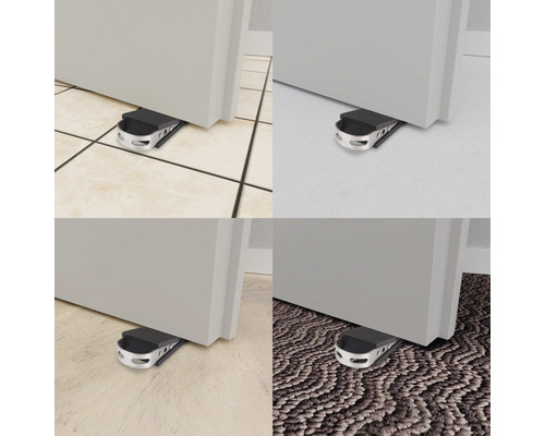 Quatre vues d''un butoir de porte sous une porte sur du carrelage, de la moquette, du stratifié et un autre revêtement de sol