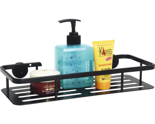Étagère de douche noire avec divers produits de bain