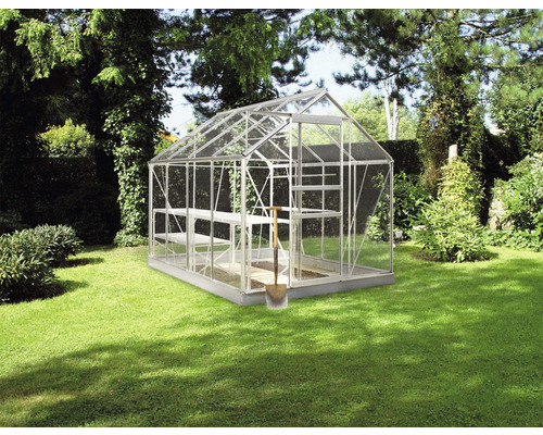 Serre en verre et métal avec étagères dans le jardin