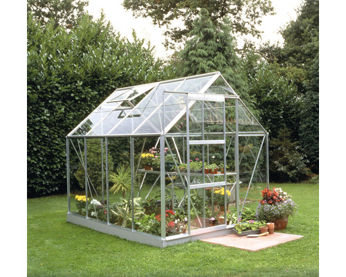 Serre avec plantes dans le jardin.