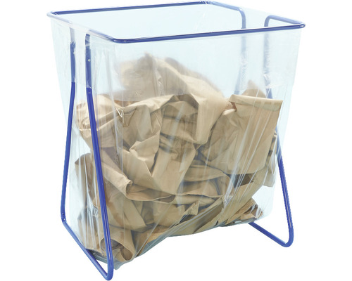 Collecteur de papier avec cadre en métal bleu et sac en plastique transparent rempli de papier