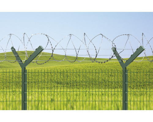Clôture avec fil barbelé devant un paysage verdoyant