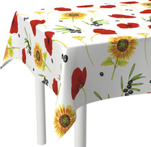 Nappe avec motif de coquelicots, tournesols et olives sur une table