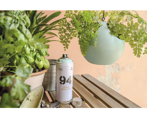 Peinture en aérosol, jardinière et plantes sur une table en bois