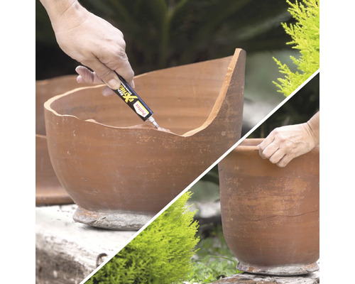 Réparation d''un pot de fleurs cassé avec de la colle