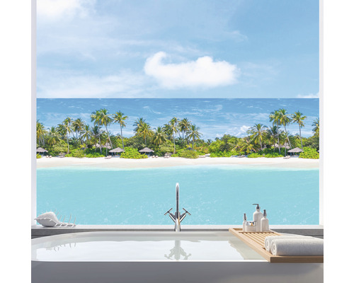 Fensterfolie Venilia Vitrostatic Travel Meer 67,5 x 150 cm Badezimmer mit Badewanne und Blick auf einen tropischen Strand