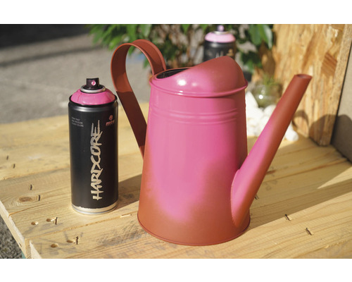 Arrosoir et peinture aérosol sur une surface en bois.