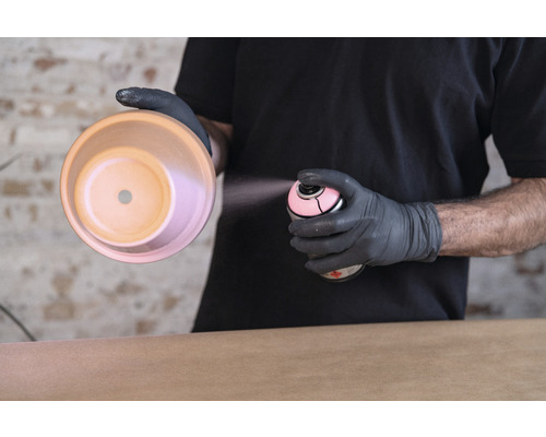 Une personne vaporise un pot de fleurs avec une bombe de peinture.