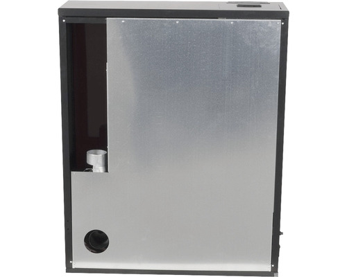 Rückansicht eines Pellet-Ofens mit Metallplatte.