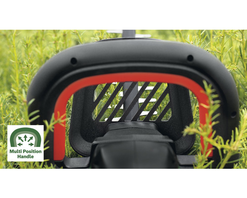 Detailansicht eines Heckenscheren-Griffs mit mehrfach verstellbarer Griffposition