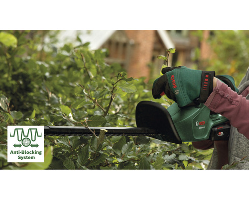 Eine Person schneidet eine Hecke mit einer Heckenschere. Das Anti-Blockier-System Symbol ist sichtbar.