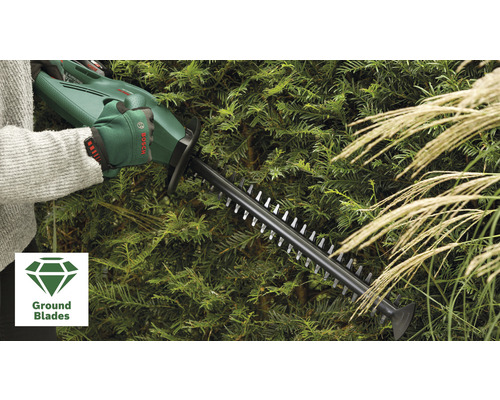 Eine Person benutzt eine Heckenschere zum Schneiden einer Hecke, wobei das Symbol für geschliffene Klingen im Bild zu sehen ist.