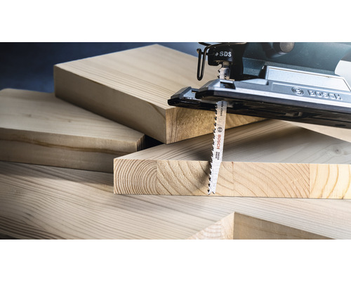 Stichsäge mit Sägeblatt und Holz