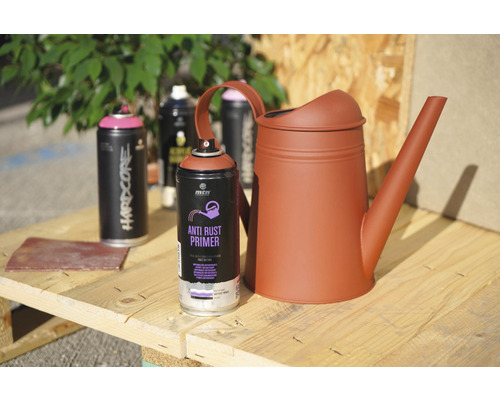 Sprühfarbe, Rostschutzgrundierung und Giesskanne auf einem Holztisch