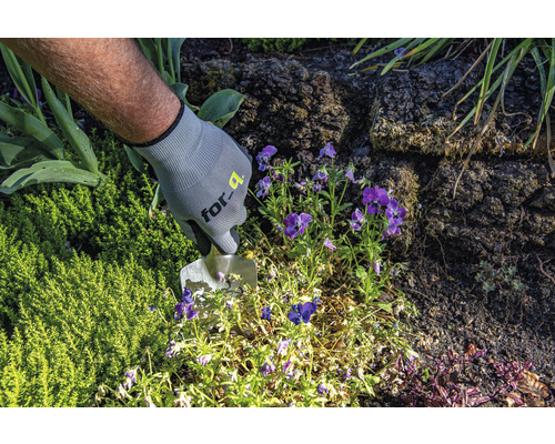 Une personne portant des gants de jardinage travaille avec un transplantoir dans un jardin.