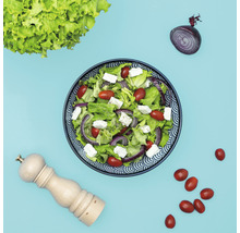 Salat mit Tomaten, Schafskäse und Zwiebeln in Schüssel mit Pfeffermühle