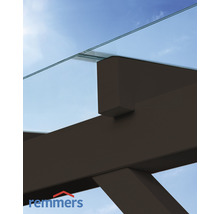 Detailansicht einer Terrassenüberdachung aus Glas und Holz