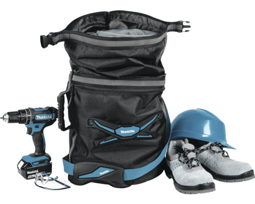 Makita Werkzeugrucksack mit Akkuschrauber, Schutzbrille, Sicherheitsschuhen und Schutzhelm