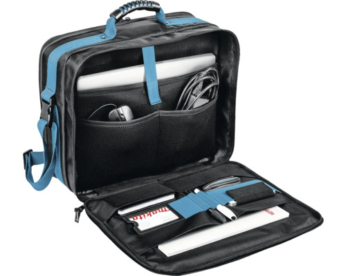 Geöffnete Werkzeugtasche mit Fächern für Werkzeuge und Zubehör