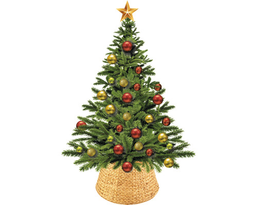 Geschmückter Weihnachtsbaum mit Baumspitze und Baumständer