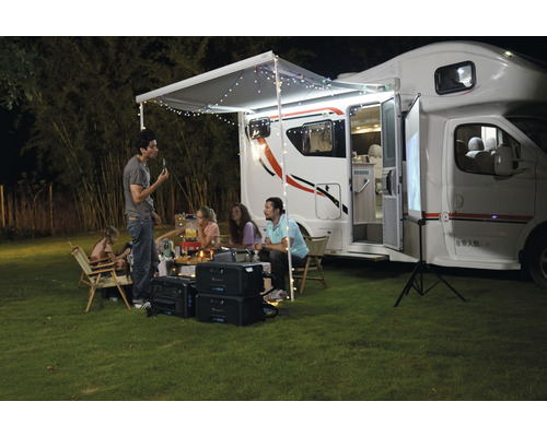 Szene mit Wohnmobil, Personen und tragbaren Stromversorgungen für Campingaktivitäten im Freien