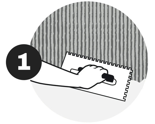 Illustration einer Hand, die mit einer Kelle Klebstoff auf eine Wand aufträgt, um eine Tapete anzubringen, Schritt 1